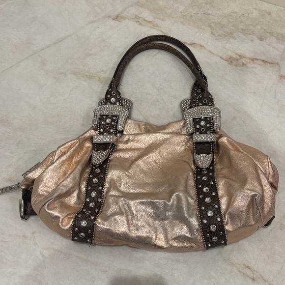 ✨Charm & Luck Shiny Pink Leather Handbag with Rhinestone Buckles–Genuine Leather - Picture 2 of 11